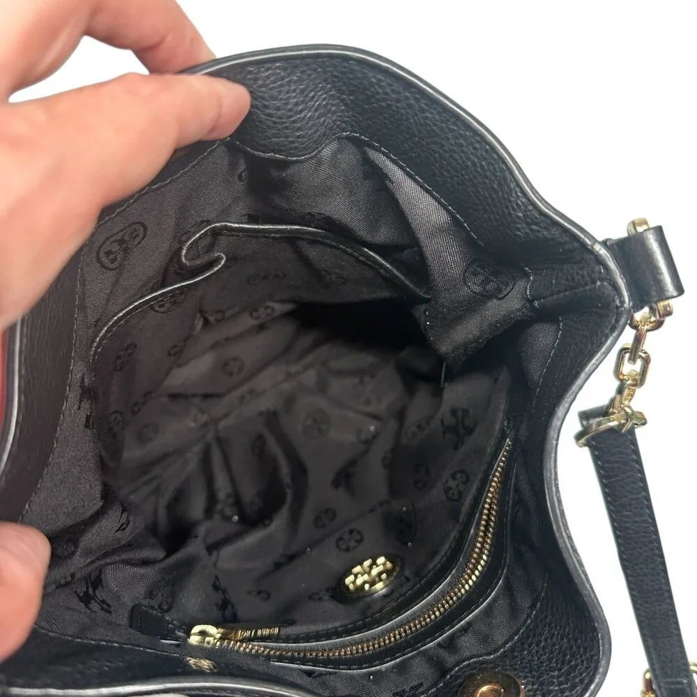 Tory Burch Black Stacked T Book Bag Pebbled Leather Crossbody - Picture 9 of 16